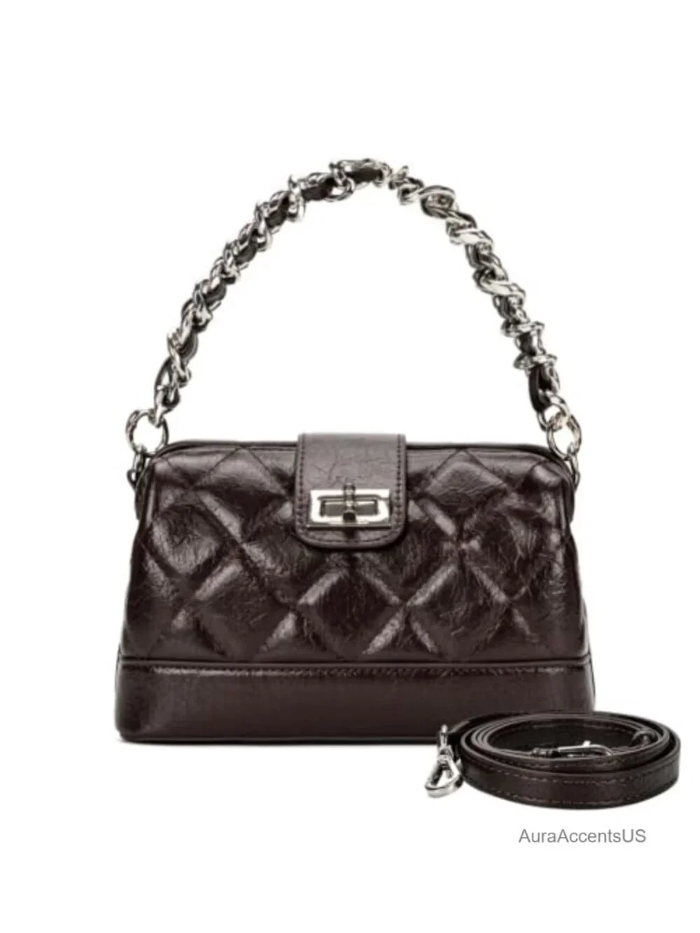 Mini Quilted Crossbody Top Handle Bag Vegan Leather Detachable Chain